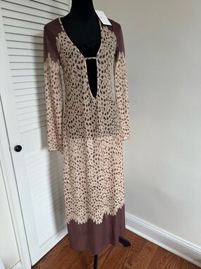 NWT Caroline Constas Mesh Swimsuit Coverup, Kimono, Size Small, Brown and Cream